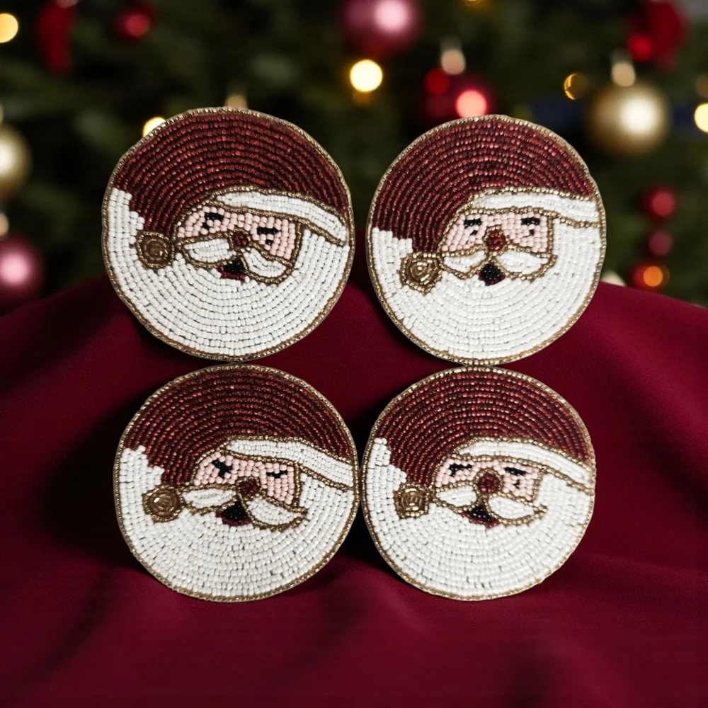 Set of 4 Beaded Santa Claus Christmas Holiday Coasters Red White Xmas Party